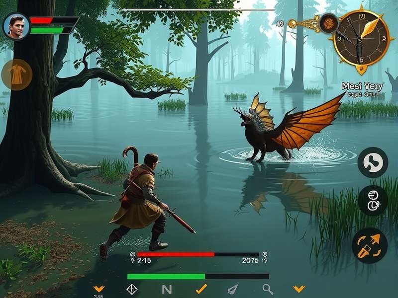 Ginger Swamp Survival Warrior combat screenshot showing player fighting mythical creature